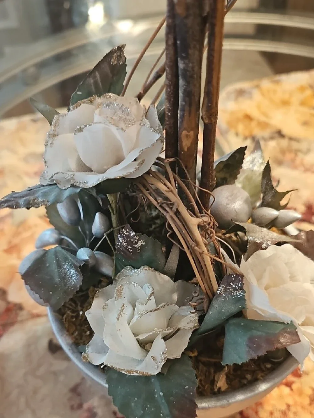 Elegant White Rose Topiary in Silver Pot - Home Accents
